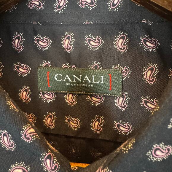 Canali Sportswear Men’s L Paisley Button Down Shirt Navy Pink Cotton Italy Made - Picture 3 of 11
